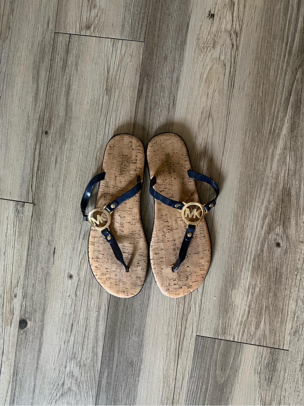 Michael Kors Navy and Gold Cork Logo Thong Sandals